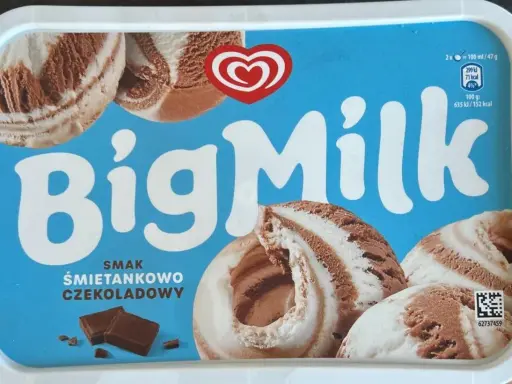 Opakowanie lodów Big Milk o smaku śmietankowo-czekoladowym z widocznymi porcjami lodów i kostkami czekolady.
