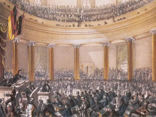 Versammlung im Paulskirchen-Saal, ein wichtiger Moment im zeitstrahl revolution 1848. Männer in Anzügen diskutieren lebhaft.