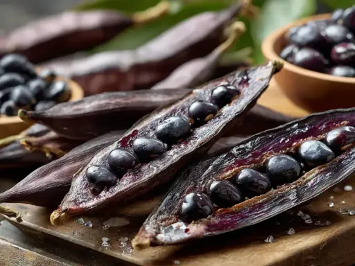 Gousses de mucuna pruriens ouvertes, révélant des graines noires brillantes. Des graines sont aussi dans un bol en bois.
