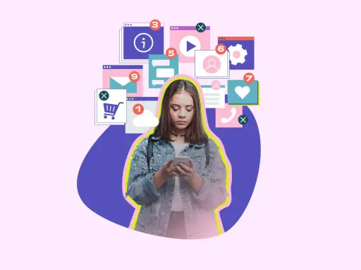 Jeune femme absorbée par son téléphone, entourée d'icônes de notifications. Un visuel symbolisant le besoin d'une pause réseaux sociaux.