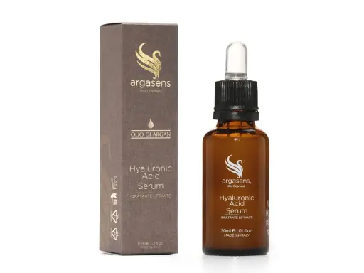 Flacone e scatola di siero viso Argasens Hyaluronic Acid Serum. Quante gocce di siero viso bastano per una pelle idratata e liftata?