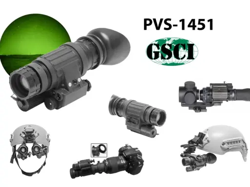 Noktowizor analogowy PVS-1451 od GSCI, pokazany z różnymi akcesoriami, w tym montażem na hełm i adapterem do aparatu.