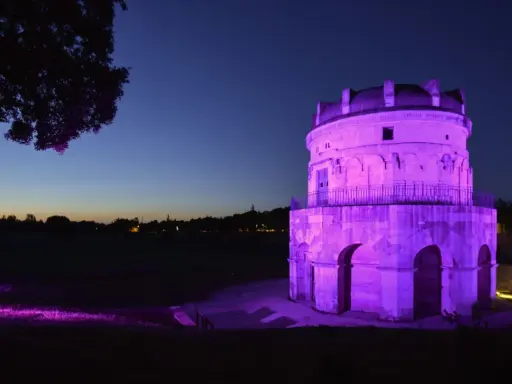 Torre antica illuminata di viola in una magica pink night. L'erba e gli alberi riflettono la luce, creando un'atmosfera surreale.