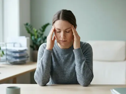 Kvinna med slutna ögon och händerna mot tinningarna, uppenbart drabbad av inre stress.