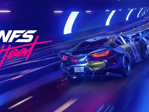 NFS Heat, część serii Need for Speed, z neonowym tunelem i sportowym autem.