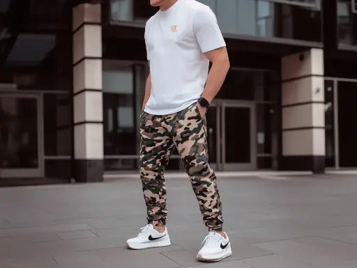 Spodnie moro damskie stylizacje: wygodne bojówki w kamuflażu, biały t-shirt i białe sneakersy tworzą miejski look.