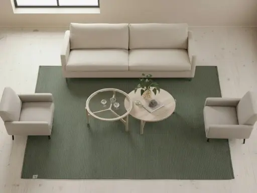 En ljus soffa och två fåtöljer står på en grön matta. Bordet med glas och trä ger en känsla av rymd, och mattans storlek passar perfekt i rummet.