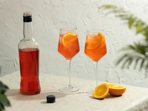 Dwa orzeźwiające Aperol Spritz z plasterkami pomarańczy, butelka Aperolu i połówki pomarańczy na lnianym obrusie.