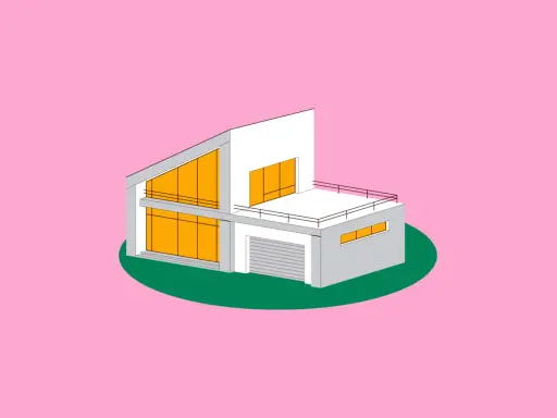 Casa moderna con grandes ventanales naranjas. Representa la diferencia entre urbano y urbanizable.