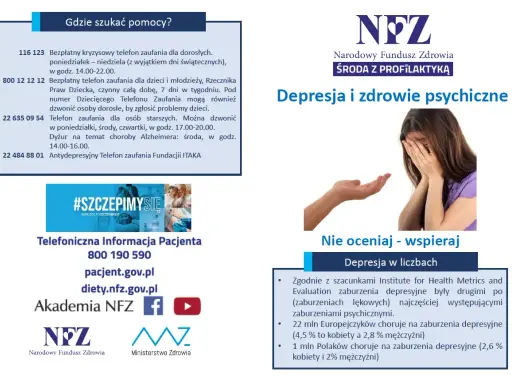 Obraz przedstawia kobietę ukrywającą twarz w dłoniach, symbolizującą chorobę psychiczną, z wyciągniętą dłonią oferującą wsparcie.