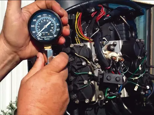 Mains d'un mécanicien utilisant un testeur de compression sur un moteur hors-bord. Le moteur se lance mais ne démarre pas essence.