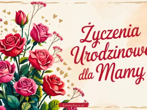 Bukiet czerwonych i różowych róż, złote serduszka i napis "Życzenia Urodzinowe dla Mamy". Piękna dedykacja dla mamy.
