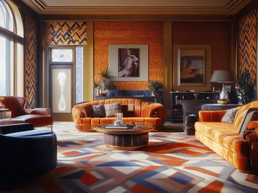 Luxuriöses Wohnzimmer mit orangefarbenen Samtsofas, einem geometrischen Teppich und auffälligem Art-décor.