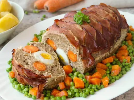 Ein saftiger falscher Hase, umwickelt mit Speck, gefüllt mit Eiern und Karotten, serviert auf Erbsen und Karotten.