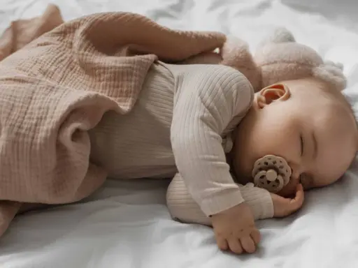 Dolce neonato di 3 mesi dorme sereno, avvolto in una copertina rosa cipria, con un ciuccio in bocca.