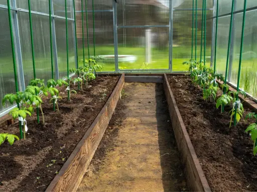 Jeunes plants de tomates alignés dans une serre, avec un espacement des pieds de tomates optimal pour leur croissance.