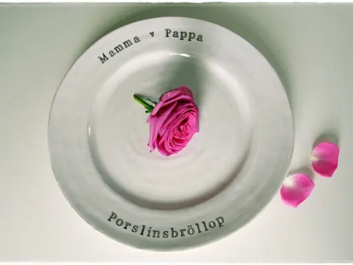 En vit tallrik med texten "Mamma ♡ Pappa" och "Porslinsbröllop". En rosa ros ligger i mitten. Ett vackert minne för de som varit gifta i 20 år.