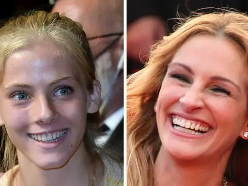 Julia Roberts barn, en ung flicka med blå ögon och blont hår, bredvid en skrattande Julia Roberts.