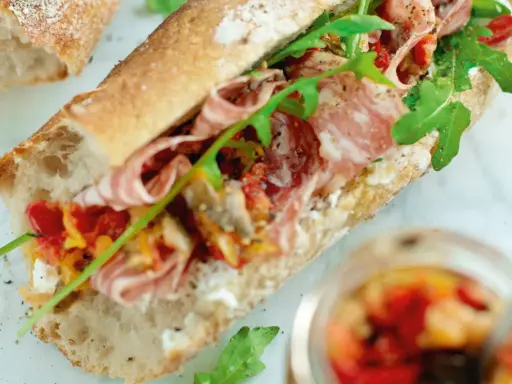En baguette med en härlig baguette fyllning av salami, ruccola och soltorkade tomater.