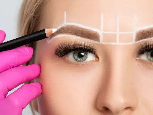 Main d'une esthéticienne en gant rose dessinant la forme sourcil visage rond avec un crayon blanc.
