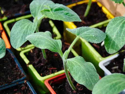 Młode sadzonki cukinii w kolorowych doniczkach. Rozpoczyna się udana cukinia uprawa, pełna nadziei na obfite plony.
