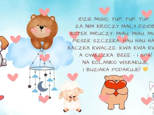 Ilustracja z uroczymi zwierzątkami: pieskiem, misiem, kotkiem, owieczką i kaczką, otoczonymi serduszkami.
