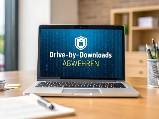 Ein Laptop zeigt "Drive-by-Downloads ABWEHREN". Das ist eine Methode, um schädliche Software unbemerkt zu installieren.