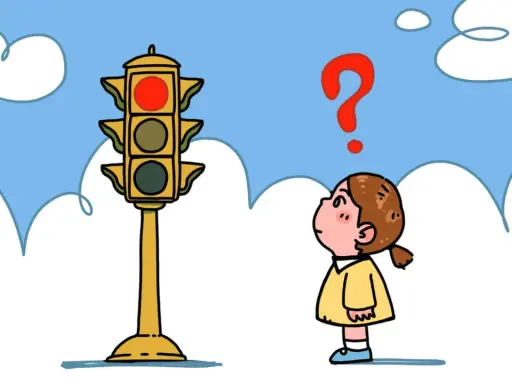 Niña mira semáforo en rojo, con signo de interrogación. Enseña respeto niños y seguridad vial.