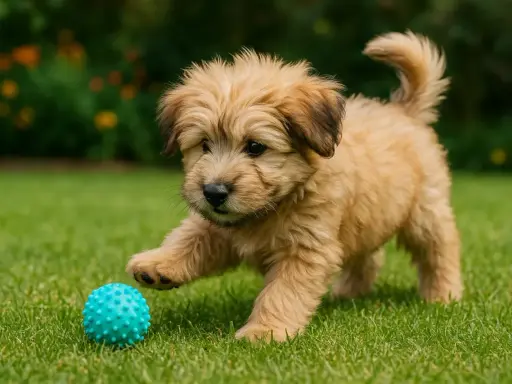 Un adorable chiot berger catalan joue avec une balle bleue sur l'herbe verte.