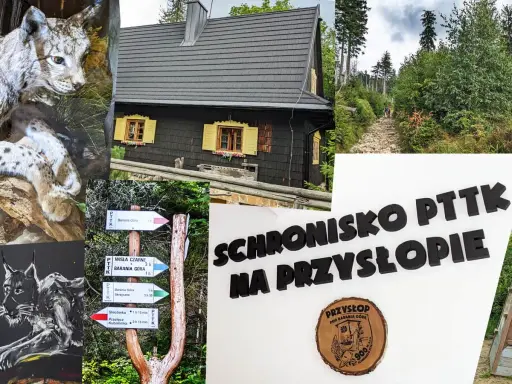 Schronisko PTTK na Przysłopie pod Baranią Górą. Widok na chatę, szlaki turystyczne i rysunki rysi.