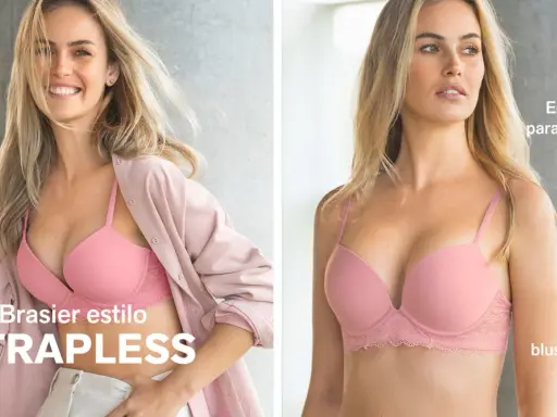Due modelle indossano reggiseni rosa, uno senza spalline e uno con spalline sottili, mostrando la differenza tra bralette e brassiere.