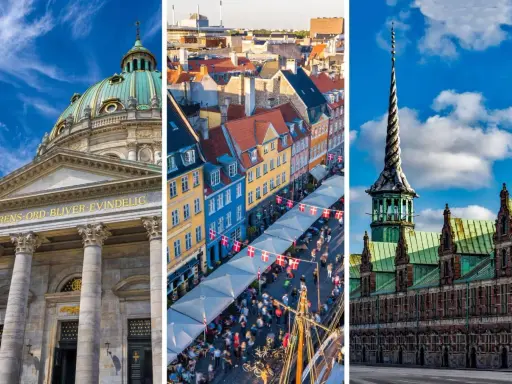 Kopenhaga zabytki: Marmurowa katedra, kolorowe kamienice Nyhavn i zabytkowa wieża giełdy.
