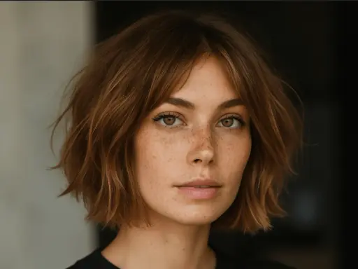 Mujer con pecas y un corte de pelo estilo italian bob, con ondas naturales y flequillo desordenado.