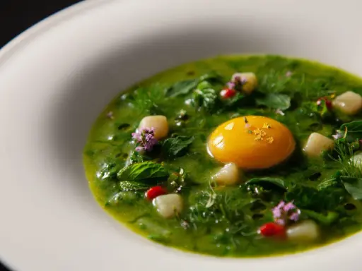 Un uovo dorato in una crema verde brillante, con cubetti bianchi e fiori viola. Un'idea di cosa mangiare a Viterbo, un piatto raffinato.