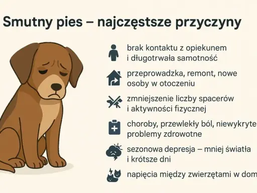 Ilustracja przedstawia smutnego psa, symbolizującego depresję u psa. Wymieniono przyczyny: samotność, zmiany, brak ruchu, choroby, sezonowość i konflikty.