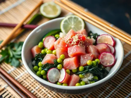 Un délicieux poke bowl avec du thon cru, des petits pois, des radis, des algues et du riz. Une recette fraîche et colorée.