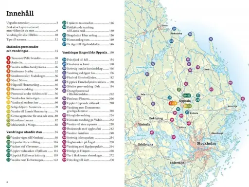 Karta över vandringsleder i Uppsala och omnejd. Här finns allt från stadsnära promenader till längre turer i vildmarken.