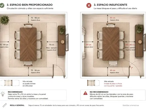 Comparativa de medidas comedor: espacio ideal (75-90 cm libres) vs. insuficiente (40-45 cm libres), afectando circulación y uso.