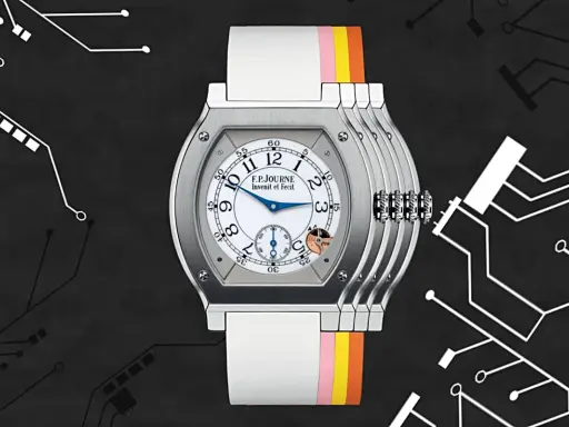 Orologio F.P.Journe con cinturino colorato e quadrante bianco. Il suo significato, come un quarzo, è precisione e innovazione nel tempo.