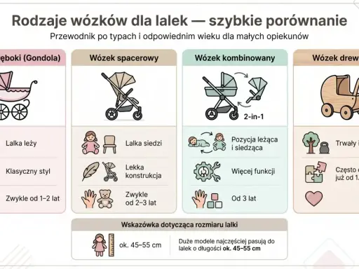 Porównanie wózków dla lalek: klasyczna gondola, spacerówka, kombi i drewniany. Wymiary gondoli i innych modeli pasują do lalek 45-55 cm.