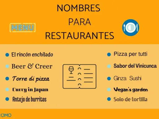 Ideas creativas de nombres para restaurantes: "El rincón enchilado", "Torre di pizza", "Ginza Sushi", "Vegan's garden".