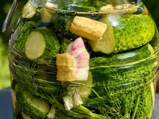 Słoik pełen świeżych ogórków małosolnych z koprem i czosnkiem. Idealny przepis na lato!