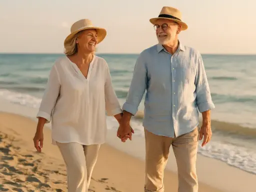 Szczęśliwa para seniorów spaceruje po plaży, trzymając się za ręce. Ich uśmiechy i stroje sugerują, że znaleźli sposób, jak być samowystarczalnym i cieszyć się życiem.