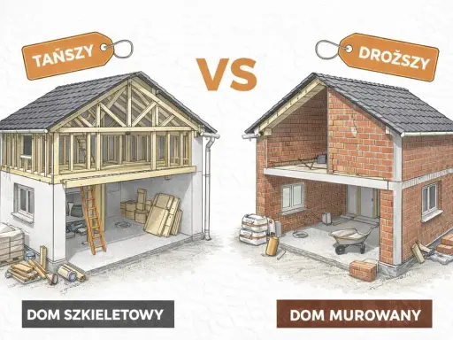 Porównanie: dom szkieletowy (tańszy, drewniana konstrukcja) vs. dom murowany (droższy, ceglana ściana).