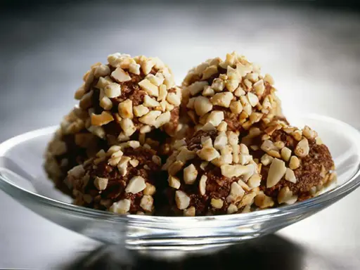 Chokladiga havrebollar, rullade i hackade nötter. Ett enkelt och gott havrebollar recept för fikat.