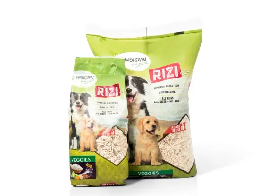 Deux sacs de riz pour chien Vadigran Rizi, avec des images de chiens et des indications "Optimal digestion", "Low calorie", "All dogs".