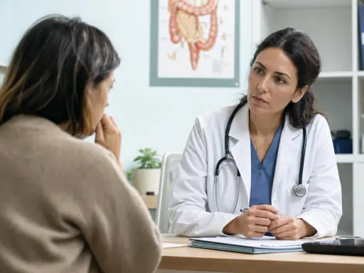 Medico ascolta paziente preoccupata, discutendo possibili resolor effetti collaterali.