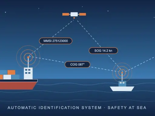 Illustration du système AIS marine : un cargo et un bateau communiquent avec un satellite et une bouée, affichant leur position et leur vitesse pour la sécurité en mer.