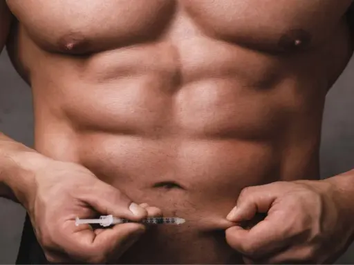 Ein Mann mit starker Muskulatur injiziert sich etwas in den Bauch. Dies könnte mit dem Thema Muskelaufbau Hormone zusammenhängen.