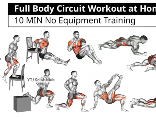 Männliche Figur zeigt Übungen für ein 10 min hiit workout zu Hause. Verschiedene Körperhaltungen, darunter Hampelmänner, Ausfallschritte und Planks.